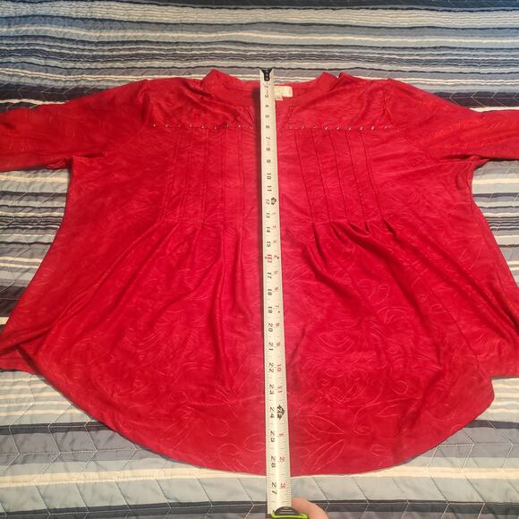 Shannon Ford New York Size 2X Popover Red Textured Top Holiday Office 3/4 Sleeve - Picture 7 of 7